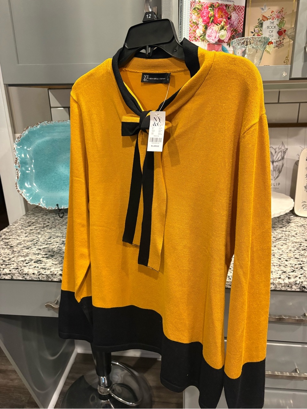 NY&CO Yellow Tie-Neck Sweater with Black Trim - Picture 6 of 7